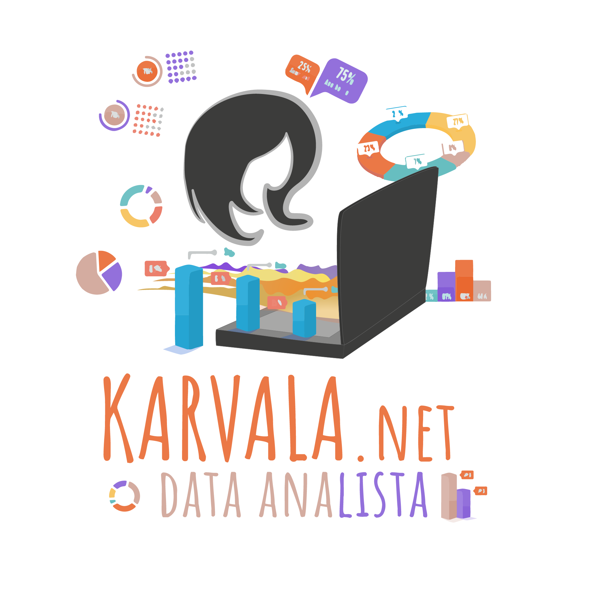 Karvala.Net Data Analista con un avatar mio y un ordenador portátil y varios gráficos