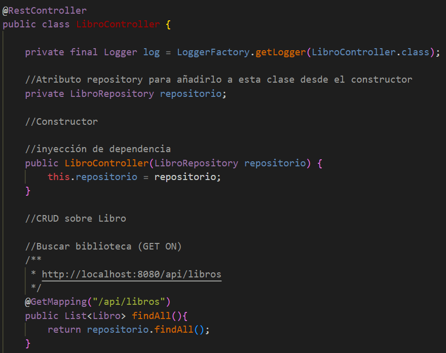 libro-controller-java captura de pantalla de parte del código